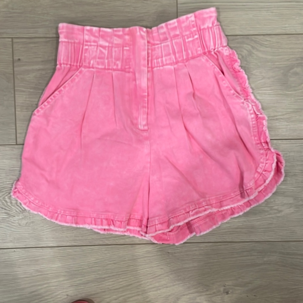 Pink denim ruffle shorts- size XS